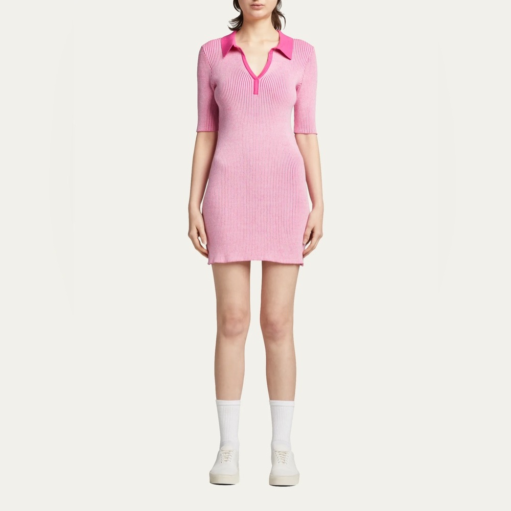 Monrow Organic Cotton Pink Knit Polo Sweater Dress Elbow Sleeve Size M